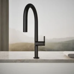 Touchless pull-down kitchen sink faucet with two-function sprayhead