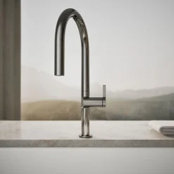 Touchless pull-down kitchen sink faucet with two-function sprayhead