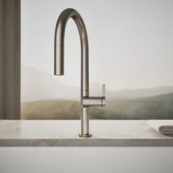Touchless pull-down kitchen sink faucet with two-function sprayhead