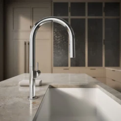 Touchless pull-down kitchen sink faucet with two-function sprayhead
