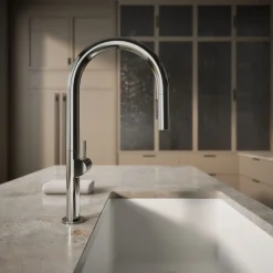 Touchless pull-down kitchen sink faucet with two-function sprayhead