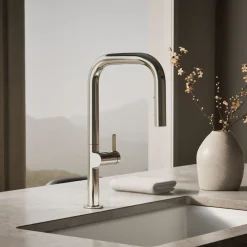 Touchless pull-down kitchen sink faucet with two-function sprayhead