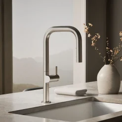 Touchless pull-down kitchen sink faucet with two-function sprayhead