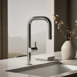 Touchless pull-down kitchen sink faucet with two-function sprayhead