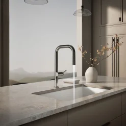 Touchless pull-down kitchen sink faucet with two-function sprayhead