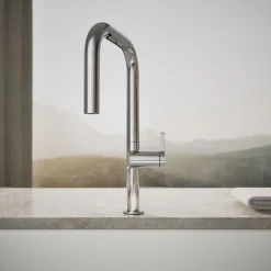 Touchless pull-down kitchen sink faucet with two-function sprayhead
