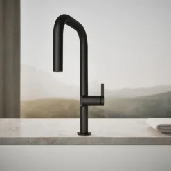 Touchless pull-down kitchen sink faucet with two-function sprayhead