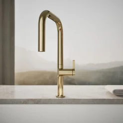 Touchless pull-down kitchen sink faucet with two-function sprayhead