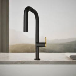 Touchless pull-down kitchen sink faucet with two-function sprayhead