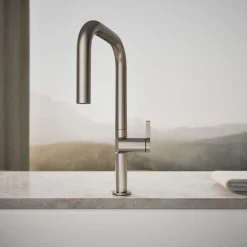 Touchless pull-down kitchen sink faucet with two-function sprayhead