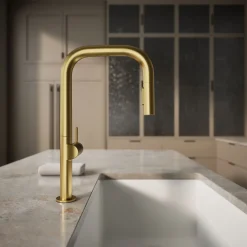 Touchless pull-down kitchen sink faucet with two-function sprayhead