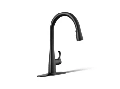 Touchless pull-down kitchen sink faucet with three-function sprayhead