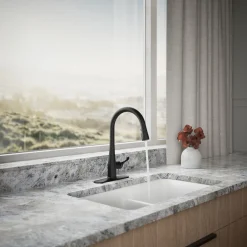 Touchless pull-down kitchen sink faucet with three-function sprayhead