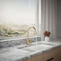 Touchless pull-down kitchen sink faucet with three-function sprayhead