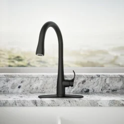 Touchless pull-down kitchen sink faucet with three-function sprayhead