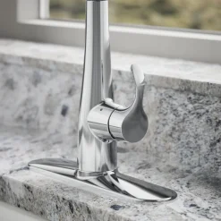 Touchless pull-down kitchen sink faucet with three-function sprayhead