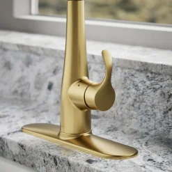 Touchless pull-down kitchen sink faucet with three-function sprayhead