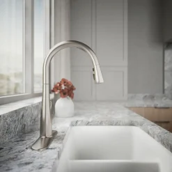 Touchless pull-down kitchen sink faucet with three-function sprayhead