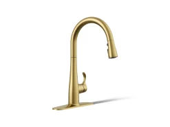 Touchless pull-down kitchen sink faucet with three-function sprayhead