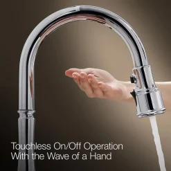 Touchless pull-down kitchen sink faucet with three-function sprayhead