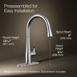 Touchless pull-down kitchen sink faucet with three-function sprayhead
