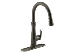 Touchless pull-down kitchen sink faucet with three-function sprayhead