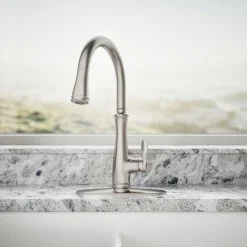 Touchless pull-down kitchen sink faucet with three-function sprayhead