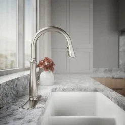Touchless pull-down kitchen sink faucet with three-function sprayhead