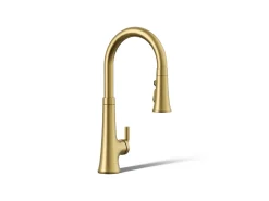 Touchless pull-down kitchen sink faucet with three-function sprayhead
