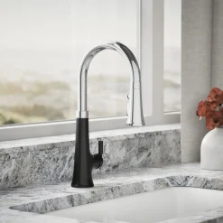 Touchless pull-down kitchen sink faucet with three-function sprayhead