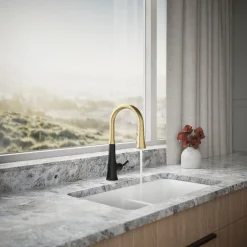 Touchless pull-down kitchen sink faucet with three-function sprayhead