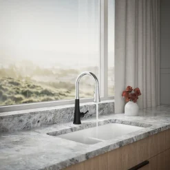 Touchless pull-down kitchen sink faucet with three-function sprayhead