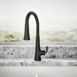 Touchless pull-down kitchen sink faucet with three-function sprayhead