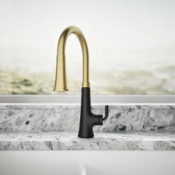 Touchless pull-down kitchen sink faucet with three-function sprayhead