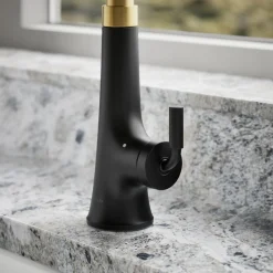 Touchless pull-down kitchen sink faucet with three-function sprayhead