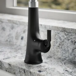 Touchless pull-down kitchen sink faucet with three-function sprayhead