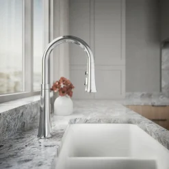 Touchless pull-down kitchen sink faucet with three-function sprayhead