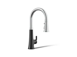 Touchless pull-down kitchen sink faucet with three-function sprayhead