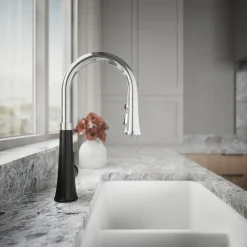 Touchless pull-down kitchen sink faucet with three-function sprayhead