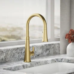 Touchless pull-down kitchen sink faucet with three-function sprayhead