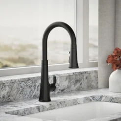 Touchless pull-down kitchen sink faucet with three-function sprayhead
