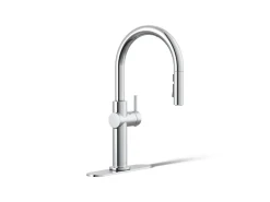Touchless pull-down kitchen sink faucet with three-function sprayhead