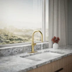 Touchless pull-down kitchen sink faucet with three-function sprayhead