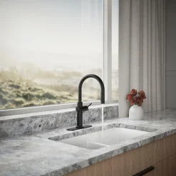 Touchless pull-down kitchen sink faucet with three-function sprayhead