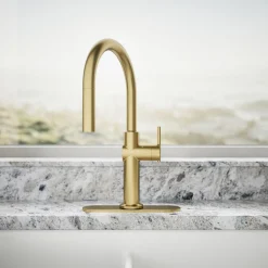 Touchless pull-down kitchen sink faucet with three-function sprayhead