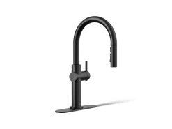 Touchless pull-down kitchen sink faucet with three-function sprayhead