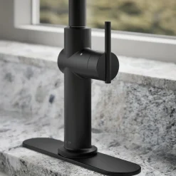 Touchless pull-down kitchen sink faucet with three-function sprayhead