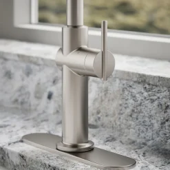 Touchless pull-down kitchen sink faucet with three-function sprayhead