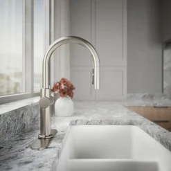 Touchless pull-down kitchen sink faucet with three-function sprayhead