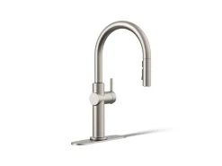 Touchless pull-down kitchen sink faucet with three-function sprayhead